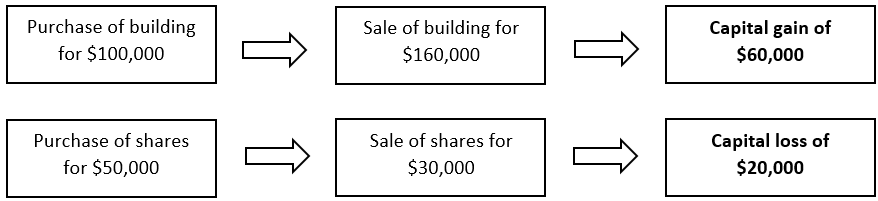 $160,000 - $100,000 = $60,000 capital gain. $30,000 - $50,000 = $20,000 capital loss