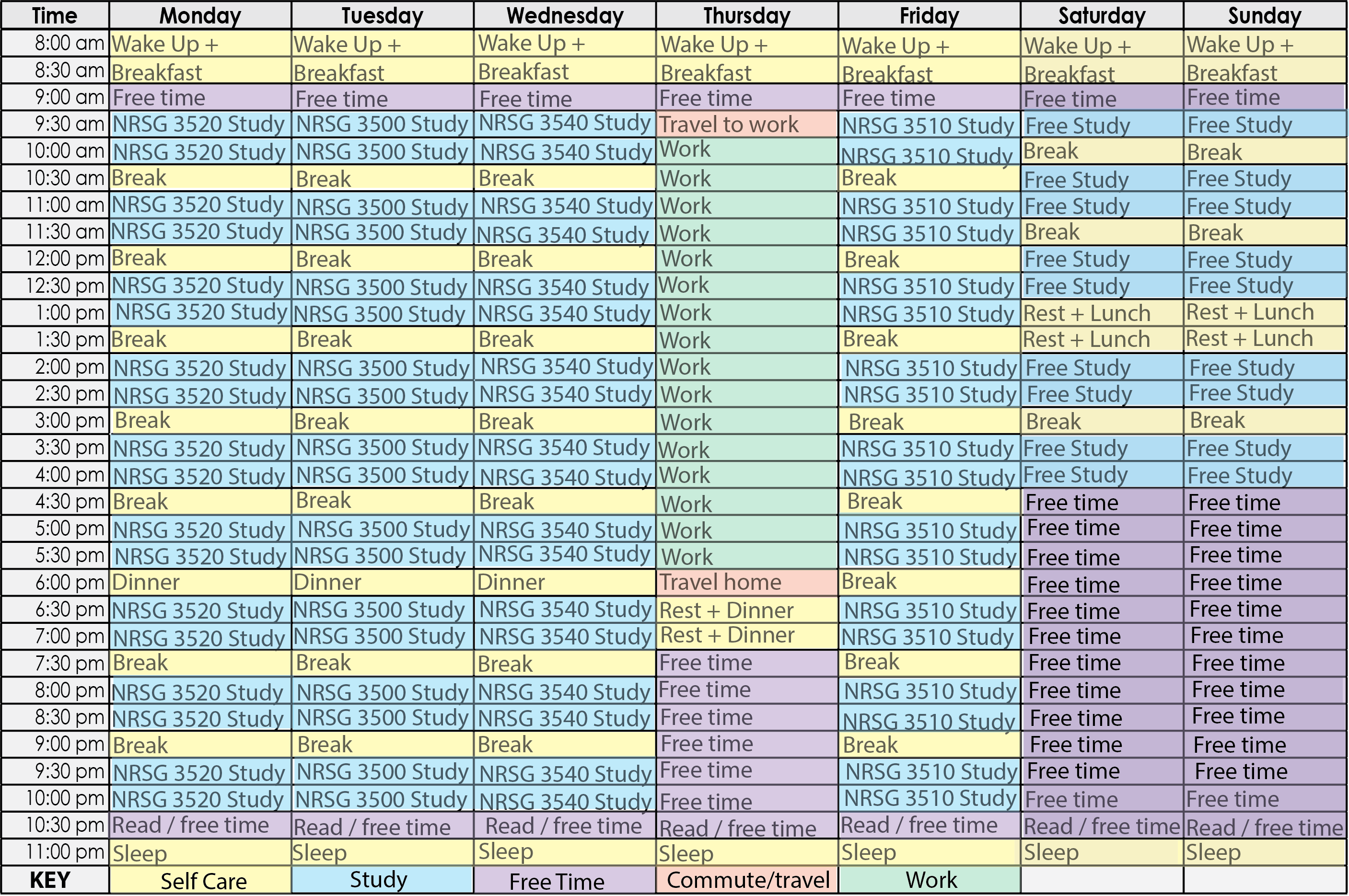 This image contains a sample weekly schedule for an online student. There is one column for each day of the week. Rows are divided into blocks of time. This student has assigned their coursework, work, and other activities to set slots within their week. Each course requires about 12 hours of study time, divided into smaller blocks.