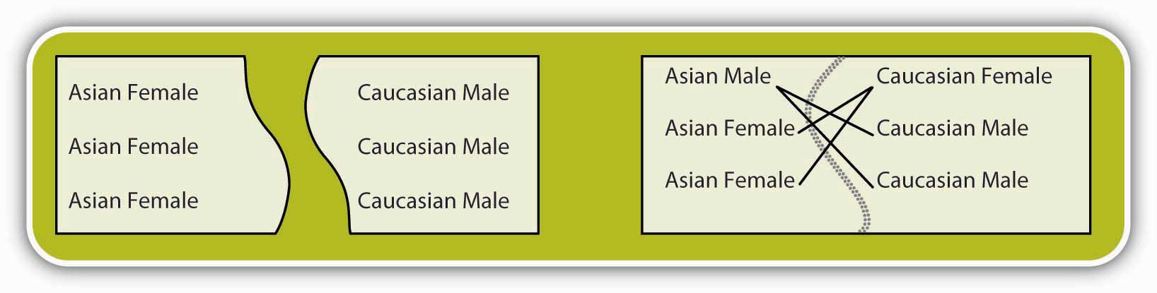 The group on the left contains 3 asian females, and the group on the right contains 3 caucasian males.