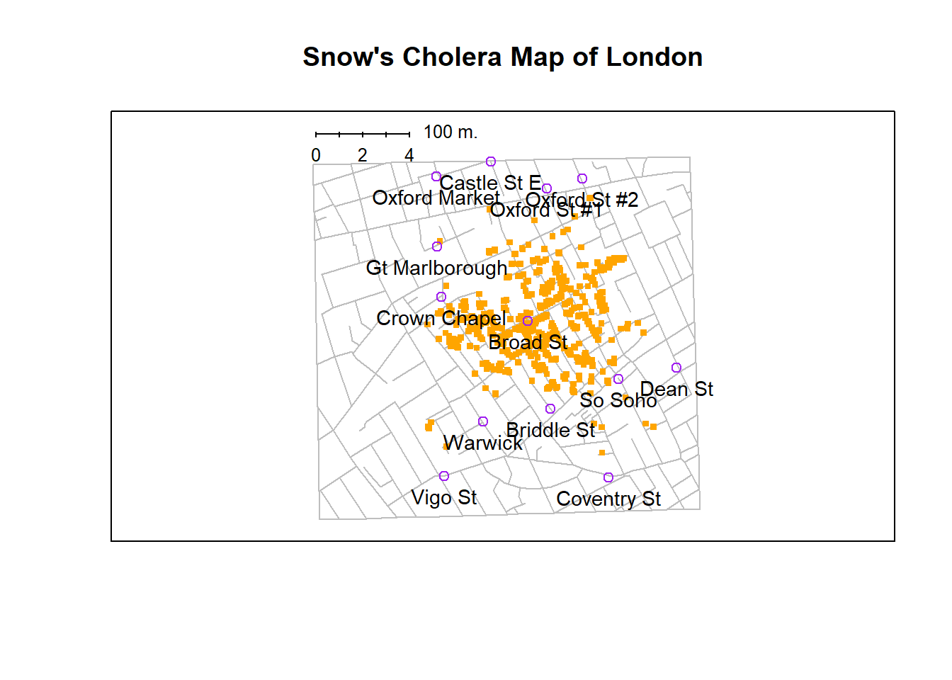 A stylised redrawing of John Snow's original cholera map. Each small dot represents the location of a cholera case, and each large circle shows the location of a well. As the plot makes clear, the cholera outbreak is centred very closely on the Broad St pump. This image uses the data from the `HistData` package, and was drawn using minor alterations to the commands provided in the help files. Note that Snow's original hand drawn map used different symbols and labels, but you get the idea.