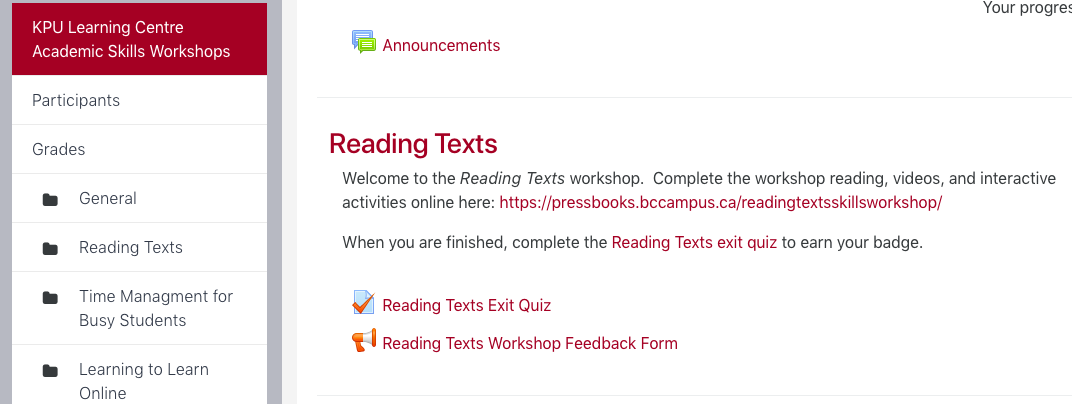 This screenshot demonstrates where to find the Reading Texts Moodle quiz. When you enter the Moodle page, scroll down to the Reading Texts section. Then click on Reading Texts Quiz to complete a quiz for participation credit.