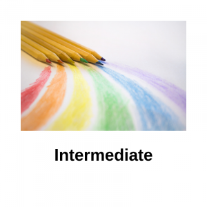 Pencil crayons lay on a piece of paper. Each pencil crayon has been used to draw on stripe of a rainbow. The word 'intermediate' is underneath.