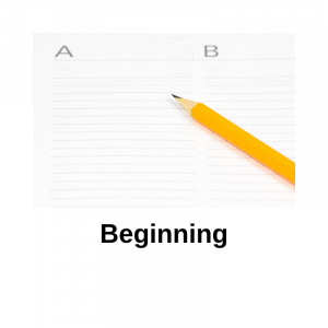 Lined paper with two coloumns, 'A' and 'B.' A yellow pencil rests on the paper, with the word 'beginning' underneath.