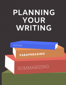Stacked books with titles "Quoting," "Paraphrasing," and "Summarizing" below text that reader "Planning Your Writing"