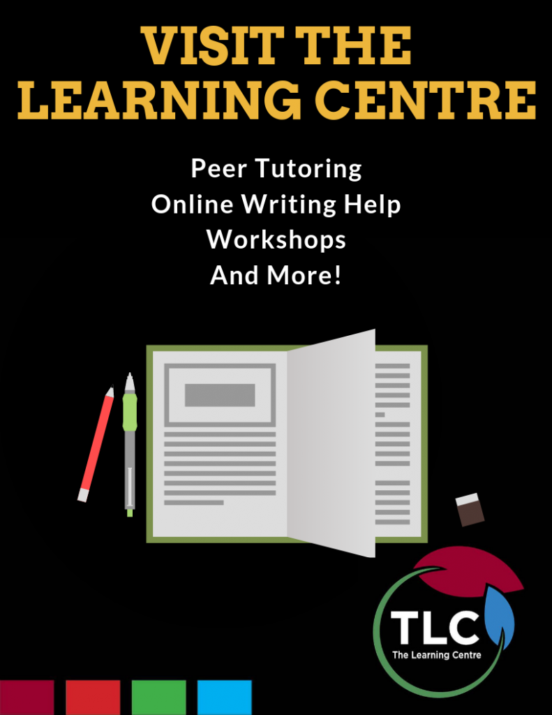 Open textbook with pencils, text above: "Visit the Learning Centre - peer tutoring, online writing help, workshops, and more!"